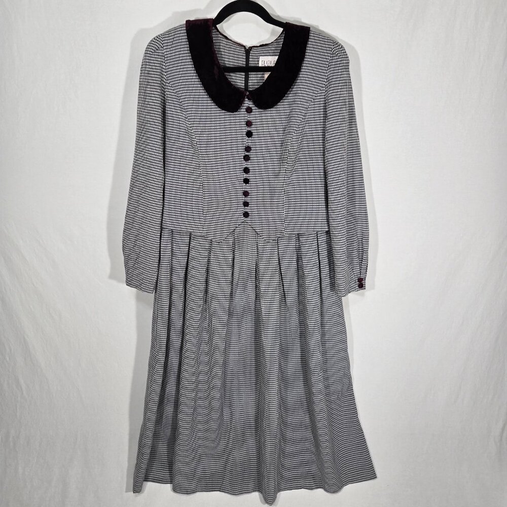 Vintage ACADEMIA Check Print Burgundy VELVET Peter Pan Collar Maxi Dress Size L.